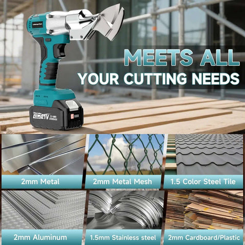 Beast Mode Cordless Sheet Metal Cutter displayed with examples of materials like metal and cardboard, showcasing versatility in cutting.