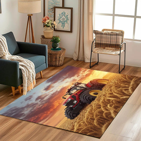 Tractor Farm Gear Area Rug 8x10 Feet Non Slip Low Pile Machine Washable Carpet For Living Room Bedroom Nursery Dining Room Home Office Sunset Wheat Field Design in cozy living room.