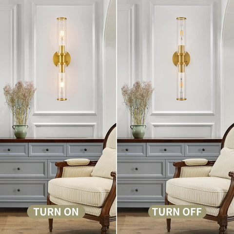 Battery Operated Wireless Wall Sconces With Remote 2 Pack Gold Dimmable Glass Wall Lights shown on and off over a dresser