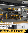 Built Tough Power Tool Organizer Wall Mount For Garage And Workshop, 32 Inch With 8 Slots, installed on pegboard