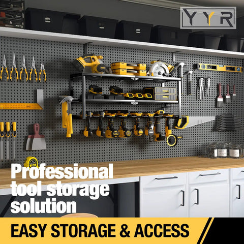 Built Tough Power Tool Organizer Wall Mount For Garage And Workshop, 32 Inch With 8 Slots, installed on pegboard