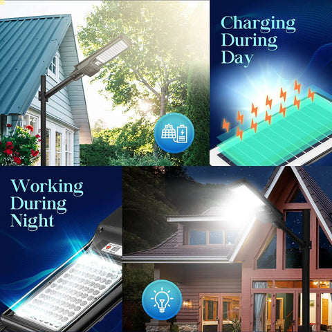 Heavy Duty 500W Solar LED Street Light With Motion Sensor And Dusk To Dawn Auto On, 6000K Daylight, illuminating house and trees