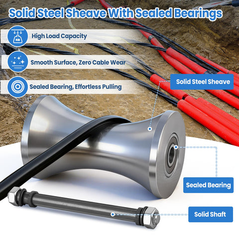 Heavy Duty Cable Puller Sheave with Three Solid Steel Wheels for Industrial Wire and Cable Pulley, shown with sealed bearings