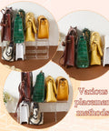 Clear Plastic Purse Organizer For Closet, 13 By 6 By 5 Inches, 4 Section Shelf Dividers, displaying various bags
