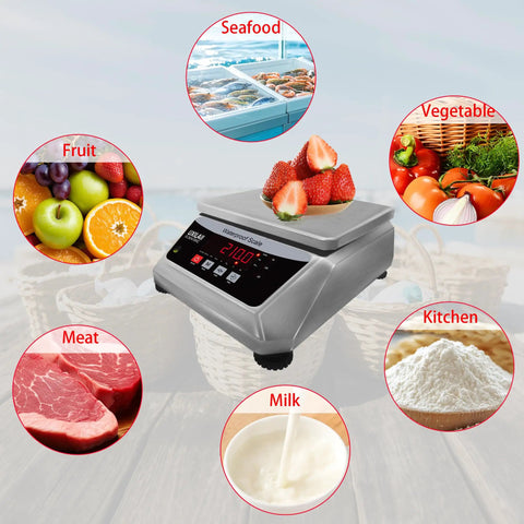 Waterproof Digital Kitchen Scale With Large Stainless Steel Pan, 66 Lb Capacity, Ideal for Meat and Vegetables Displayed