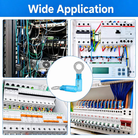 Hella Durable Heat Shrink Wire Connectors Kit 480 Piece Waterproof showing various electrical applications with terminals and wires.