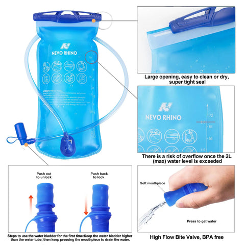 Ultra Lightweight Hydration Backpack for Runners and Cyclists, 2L water bladder with large opening and high flow bite valve