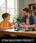 Boy and man with Mini V8 Engine Kit That Really Runs With Battery And Motor, Build Your Own 8 Cylinder STEM Engine Model, Realistic Pistons, Crankshaft, Belts, Fans, And Moving Parts, 478 Plus Pieces For Adults And Makers on table