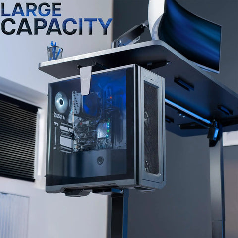 Hella Sturdy Clamp On Desk Leg Mount For Large PC Towers Under Desk CPU Storage Rack Easy Tool Free Setup Keeps Your Rig Off The Floor Gamer Battlestation Desk Organizer Black mounted under a desk with a PC tower.