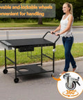 Outdoor Pizza Oven Table With Topping Station And Prep Cart For Blackstone Griddles with wheels and storage in use outdoors