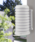 Sensor Protection Shield With Mount For TX Series Weather Sensors installed on outdoor wall, showing white durable shield.