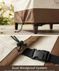 Built To Last Heavy Duty Waterproof Patio Ottoman Cover For Square Outdoor Side Table With Padded Handles All Weather 600D Oxford Fabric Windproof UV Resistant 25 x 25 x 18 Inches Beige Brown, showing drawstring and buckle straps detail for secure fit.