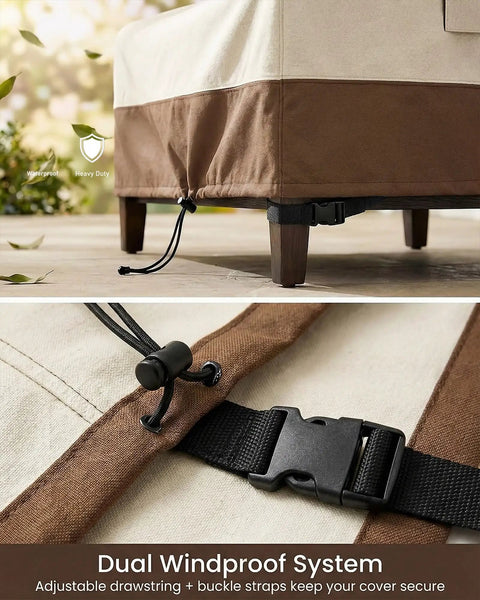 Built To Last Heavy Duty Waterproof Patio Ottoman Cover For Square Outdoor Side Table With Padded Handles All Weather 600D Oxford Fabric Windproof UV Resistant 25 x 25 x 18 Inches Beige Brown, showing drawstring and buckle straps detail for secure fit.