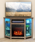Corner Electric Fireplace TV Stand With Heater And LED Lights, Easy App Control, Adjustable Shelves, Cozy Media Console, Gray Finish