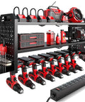 Garage Ready Heavy Duty Power Tool Organizer With Built In Eight Outlet Surge Protected Charging Station And Wall Mount Drill Holder for garage storage.