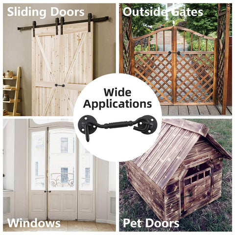 Rust-Proof Barn Door Hook And Eye Latch 4 Inch Privacy Lock Hardware for sliding doors, gates, windows, and pet doors in use.