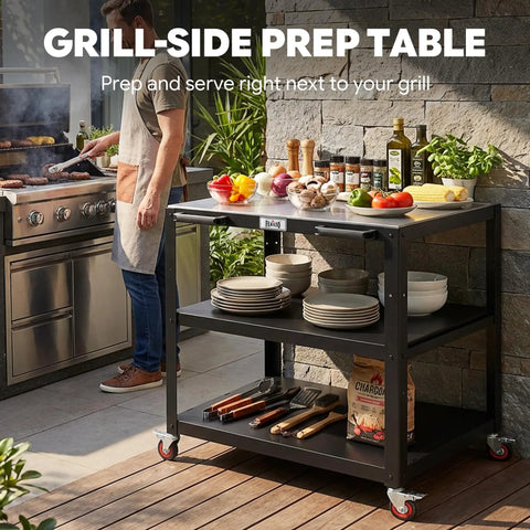 Outdoor grill with Heavy Duty Outdoor Pizza Oven Table 36 By 24 Inches With Locking Wheels 304 Stainless Steel Worktop Built Tough Three Shelf Prep Unit For Deck Patio BBQ And Parties loaded with plates and ingredients