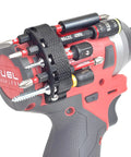 Side Mount Magnetic Bit Holder For Quarter Inch Hex Drill Bits Boosts Power Tool Organization with drill and attached bits.