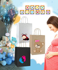 Baby shower theme with colorful gift bags, balloons, and a pregnant woman. White paper gift bags with handles bulk 25 pcs 8x4.5x10 medium size for gifts.