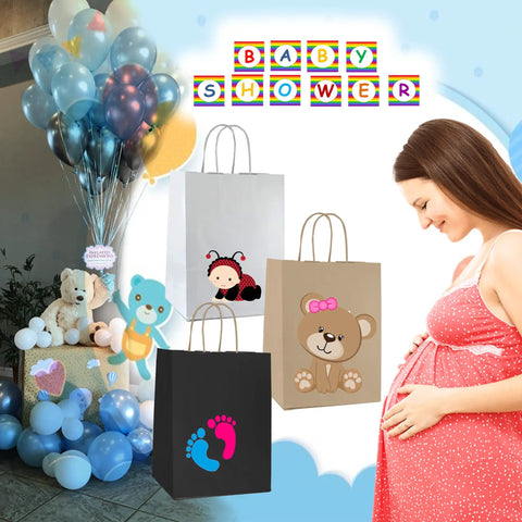 Baby shower theme with colorful gift bags, balloons, and a pregnant woman. White paper gift bags with handles bulk 25 pcs 8x4.5x10 medium size for gifts.