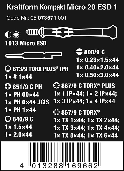 Micro Set ESD Twenty SB Bit Set With Quick Swap Handle 4 Mm Half Moon Or HIOS Drive Compatible box with specs.
