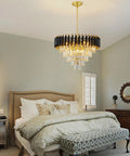 Modern bedroom with Gold 3-Light Crystal Chandelier Pendant Light for high ceilings, elegant design over bed area, luxury decor.