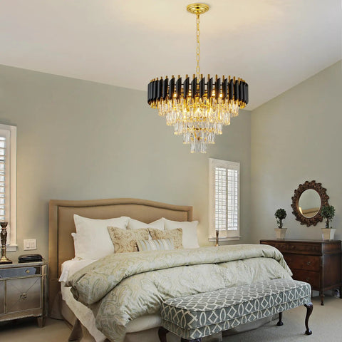 Modern bedroom with Gold 3-Light Crystal Chandelier Pendant Light for high ceilings, elegant design over bed area, luxury decor.