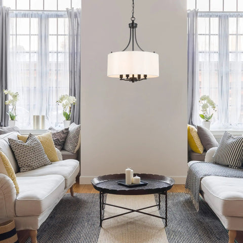 Totally Chic Modern Farmhouse Drum Chandelier With Linen Fabric Shades For Dining Room And Kitchen Island Easy Install Pendant Lighting 16 Inch Diameter Clean Candle Style Look