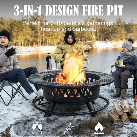 Group sitting around 42 Inch Outdoor Fire Pit Table With Dual Grills And Lid For Bonfires, Camping, Picnics, Backyard Parties And Patio Heating, 3 In 1 Round Metal Fire Pit For Cooking And Warmth on snowy day
