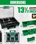 13.5 Inch Small Parts Organizer Box With Stackable Design showing open box, compartments, dimensions, and removable bins