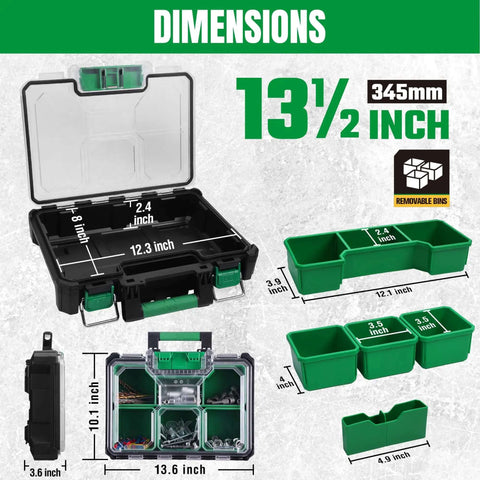 13.5 Inch Small Parts Organizer Box With Stackable Design showing open box, compartments, dimensions, and removable bins