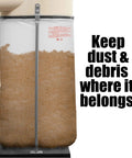 Clear Plastic Dust Collector Replacement Bags 5 Pack For Shop Pros, filled bag on a dust collector with text Keep Dust & Debris Where It Belongs