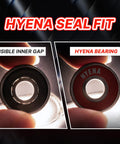 Comparison of skateboard bearings showing visible gap on left and Hyena bearing with red seal on right, highlighting quality.
