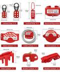 Components of OSHA Compliant Lockout Tagout Kit With Clamp On Circuit Breaker Locks Hasps Safety Padlocks and Nylon Ties in Stainless Steel Box.