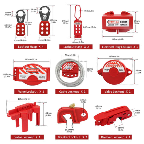 Components of OSHA Compliant Lockout Tagout Kit With Clamp On Circuit Breaker Locks Hasps Safety Padlocks and Nylon Ties in Stainless Steel Box.