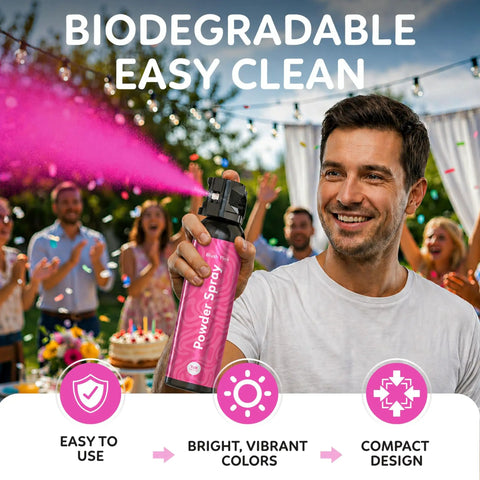 Sick Vibes Pink Smoke Bomb Powder Spray Launcher Kit For Outdoor Raves And Festivals Featuring Hella Biodegradable Color Burst And Super Quick Cleanup, man using spray at an outdoor party.