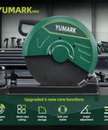 Heavy Duty 2200W 3800RPM Abrasive Chop Saw For Fast Metal Cutting Of Rebar Angle Iron And Hollow Pipe With Blade Included Built For Pros And DIYers Everywhere, green chop saw in a workshop setting, side view.