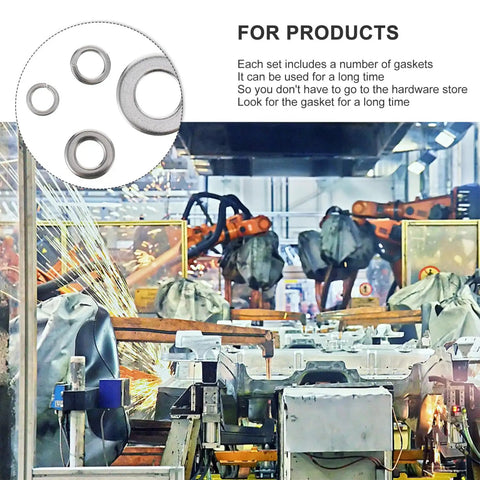 600 Piece Stainless Steel All Purpose Spring Gasket Washer Kit With Lock And Split Washers For Cars Trucks Buses Industrial Equipment Wind Turbines Machinery Marine Rail And More. Stainless steel washers displayed for industrial use
