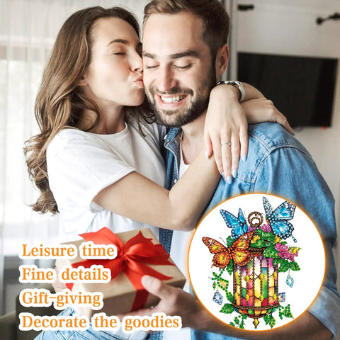 Couple exchanging gift beside Dope Diamond Painting Kit Hanging Pendant Butterfly Sun Catcher With Rhinestone Lamp Art
