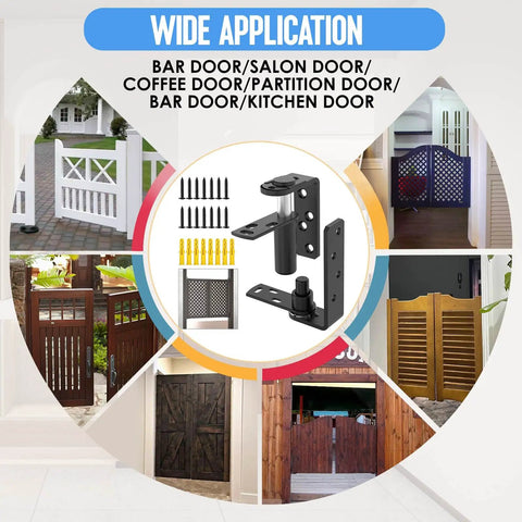 Heavy Duty Self Closing Saloon Door Hinges 4 Pack Black Large 304 Stainless Steel displayed in various door applications.