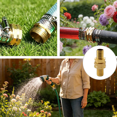 Top Notch Garden Hose Repair Kit With 5/8 And 3/4 Inch Barb Connectors Plus Clamps For Quick Fix On Any Broken Water Line, brass hose repair fittings in use