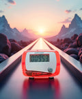 Red Portable Pedometer With Mini Digital LCD Display, All In One Step Counter For Walking And Running, Tracks Distance In Miles, Calorie Burn, Daily Target, Exercise Time, Compact And Easy To Use on a road backdrop