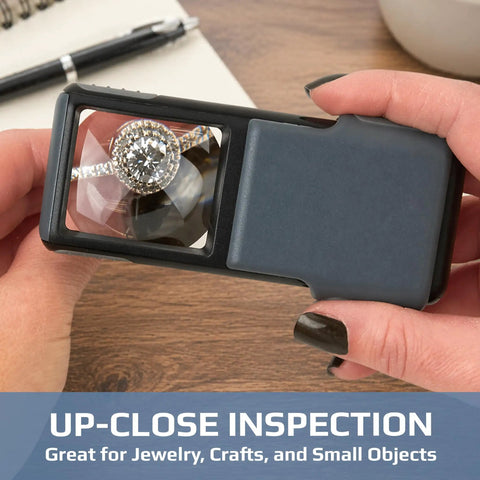MiniBrite 5X LED Lighted Slide Out Aspheric Magnifier With Protective Sleeve Ultra Portable Pocket Sized Reading Aid For Fine Print On The Go Illuminated Lens For Close Up Details In Gray PO 55