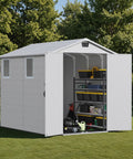 Resin Outdoor Storage Shed With Floor, Lockable Door And Window, Weather-Resistant 6X8 Ft Garden Shed open with shelves inside