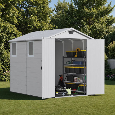 Resin Outdoor Storage Shed With Floor, Lockable Door And Window, Weather-Resistant 6X8 Ft Garden Shed open with shelves inside