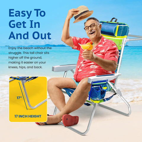 Folding Tall Backpack Beach Chair With Five Positions Towel Bar Cooler Storage Pouch Cup Holder And Phone Holder