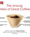 Illustration of a natural brown cone coffee filter showcasing microfine perforations and double crimped design