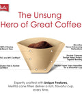 Diagram of Melitta cone coffee filter with features like chlorine-free, flavor-enhancing, and double crimped design.