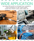 Clip-On Ferrite Ring Core EMI RFI Noise Suppressor Kit in use on various cables for telephones, TVs, and audio gear.