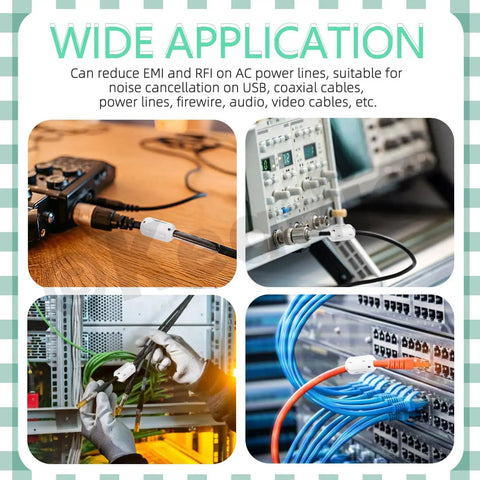 Clip-On Ferrite Ring Core EMI RFI Noise Suppressor Kit in use on various cables for telephones, TVs, and audio gear.